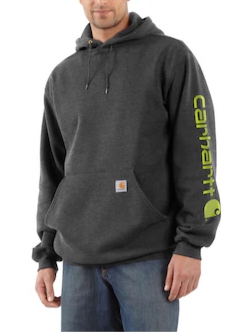 Carhartt Relax Fit Gray Pullover Hoodie with Neon Yellow Sleeve Logo  Size L